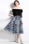 Knockout Runway Fashion Floral Print Off-Shoulder Lace top with High Rise A-Line Skirt 2-Pcs Holiday, Party Ensemble